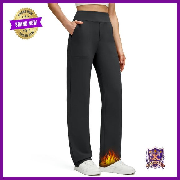 Fleece Lined Thermal Pants Straight Leg Work Trousers with Pockets